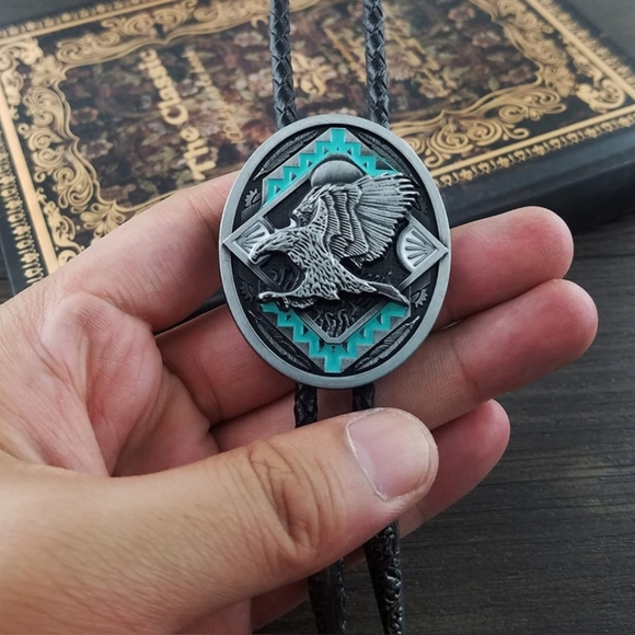 New Leather Silver And Turquoise Eagle bolo tie approximately 40". - Picture 2 of 2